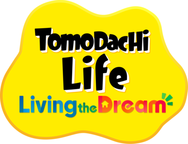 The logo for Tomodachi Life: Living the Dream. It consists of the words 
        Tomodachi Life: Living the Dream in a stylized font on a yellow rounded shape background.